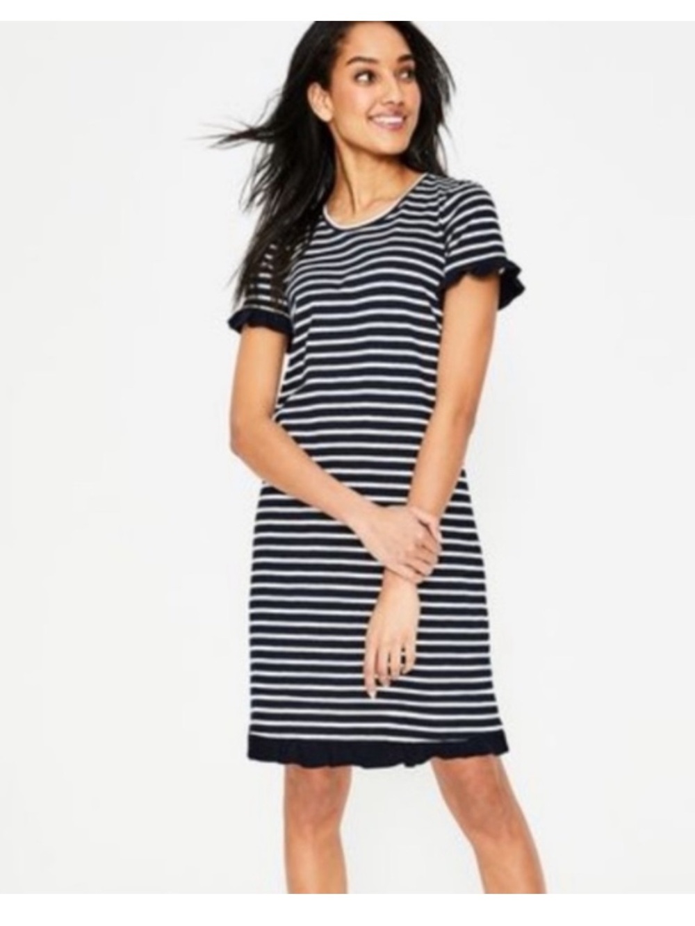 Boden Emily Striped Jersey Ruffle Trim Dress in Navy/Ivory size 8